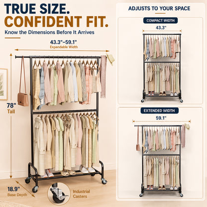 Enogets Heavy Duty Rolling Clothes Rack, double Layers with 450 lbs Capacity, Commercial Grade Garment Rack with Wheels, Black