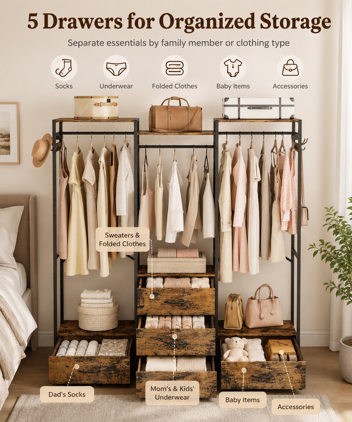 Enogets Freestanding Closet Organiser with 5 Drawer, Big Garment Hanging Rack, Wardrobe Storage Organizer for Bedroom, Living Room