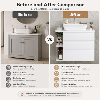 Enogets Wall Mounted Bathroom Vanity, White Floating Cabinet with 3 Drawers and Open Storage, Sink Not Included