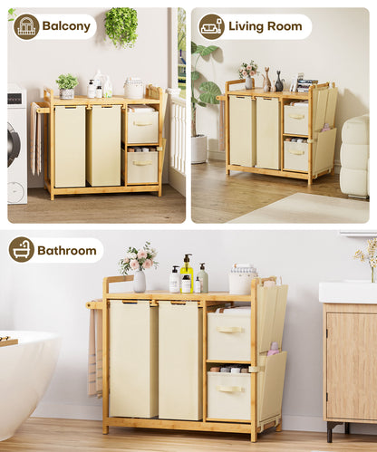 Enogets Bamboo Laundry Hamper, 140L Large Clothes with Removable Bags & Sorter, 4 Section Organizer