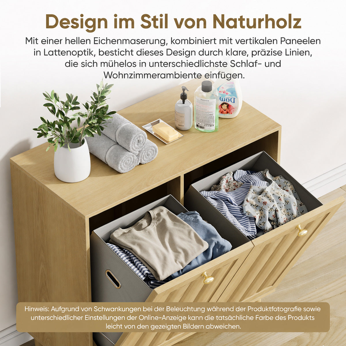 Enogets Laundry basket for bathroom cabinet with removable inner basket 6OL capacity. natural color