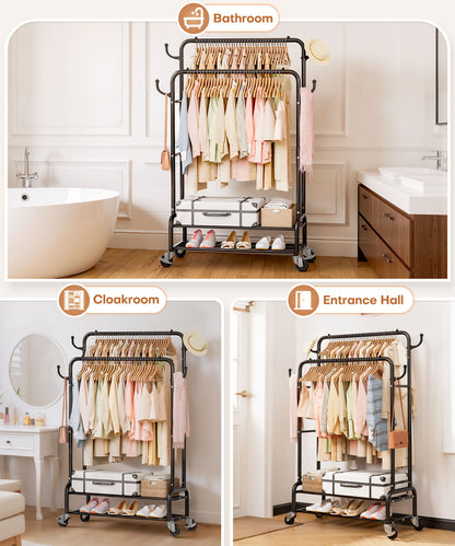 Enogets Heavy Duty Double Rod Garment Rack, Rolling Clothing Racks for Hanging Clothes with Shelves & Wheels, Black