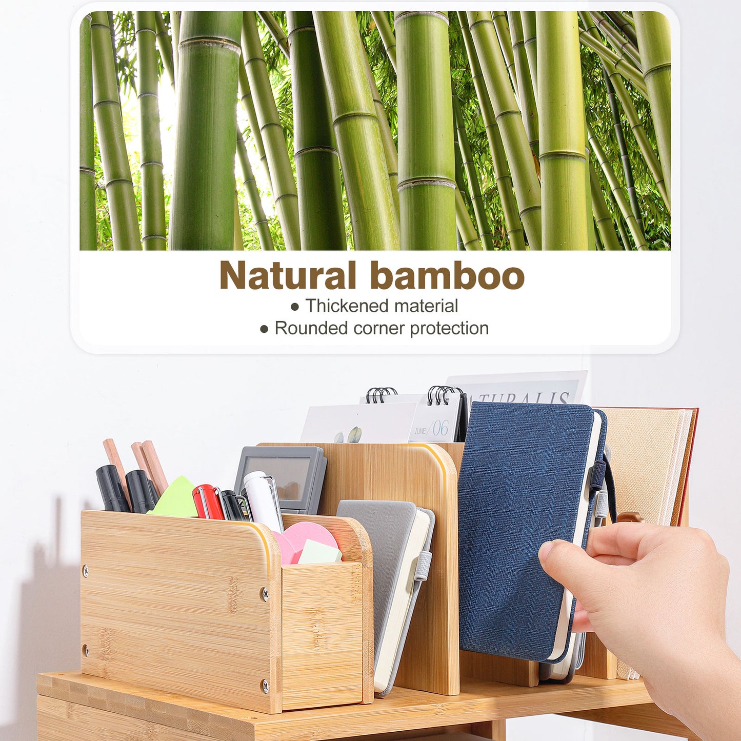 Enogets Bamboo Desk Organizer with File Holder & Adjustable Pen Holding, 3-Tier Desktop Letter Paper Tray Storage