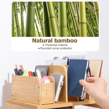 Enogets Bamboo Desk Organizer with File Holder & Adjustable Pen Holding, 3-Tier Desktop Letter Paper Tray Storage