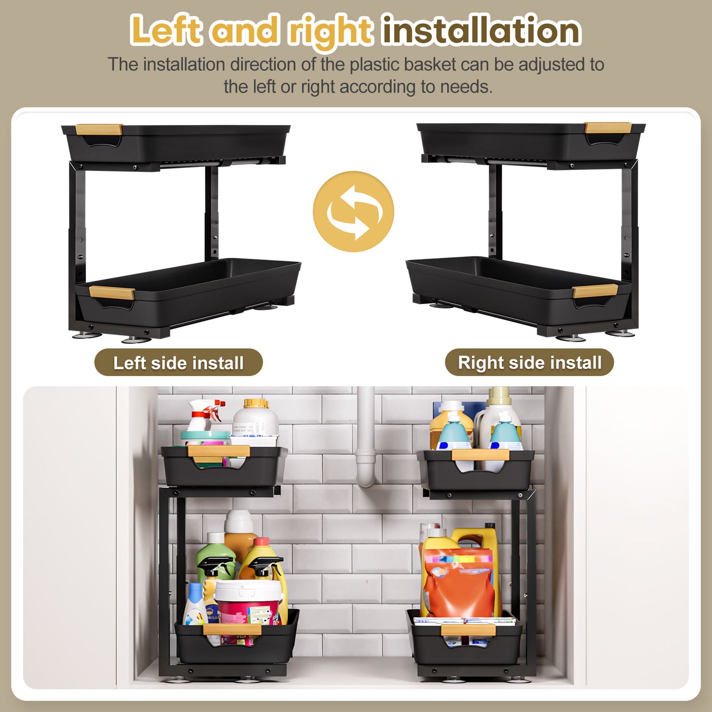 Enogets 2-Pack Under Sink Organizer, 2-Tier Pull-Out Storage Shelf for Kitchen & Bathroom – Black
