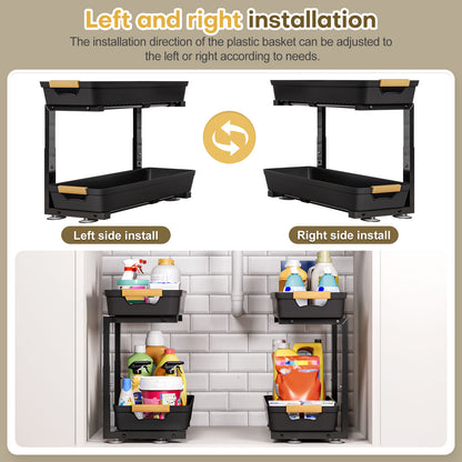 Enogets 2-Pack Under Sink Organizer, 2-Tier Pull-Out Storage Shelf for Kitchen & Bathroom – Black
