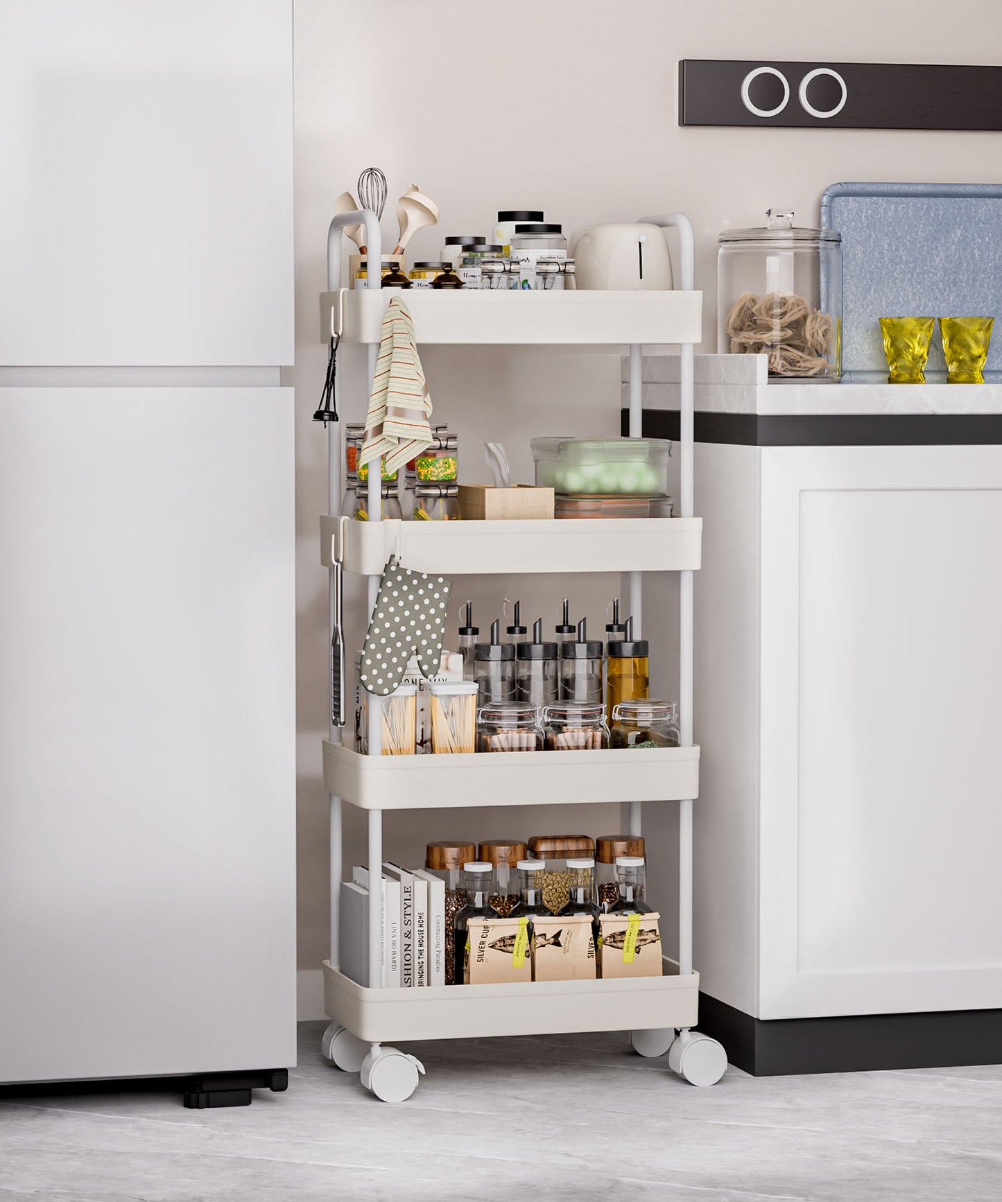 Enogets 4 Tier Utility Rolling Cart, Mobile Storage Cart for Kitchen with Lockable Caster Wheels, Handle & Hooks, White