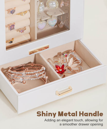 Enogets Jewelry Organizer with Display Windows& 3 Drawers, Jewelry Box for Girls Women Jewels