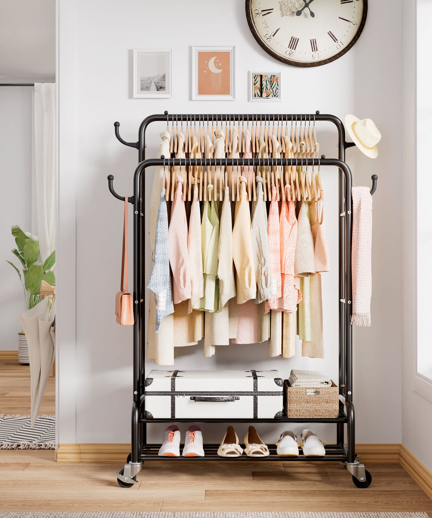 Enogets Heavy Duty Double Rod Garment Rack, Rolling Clothing Racks for Hanging Clothes with Shelves & Wheels, Black