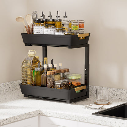 Enogets 2-Pack Under Sink Organizer, 2-Tier Pull-Out Storage Shelf for Kitchen & Bathroom – Black