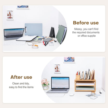 Enogets Bamboo Desk Organizer with File Holder & Adjustable Pen Holding, 3-Tier Desktop Letter Paper Tray Storage