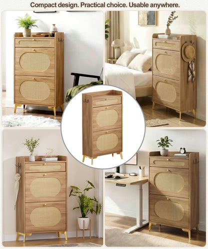 Enogets Rattan Shoe Cabinet with 2 Flip Drawers and Top Drawer for Entryway