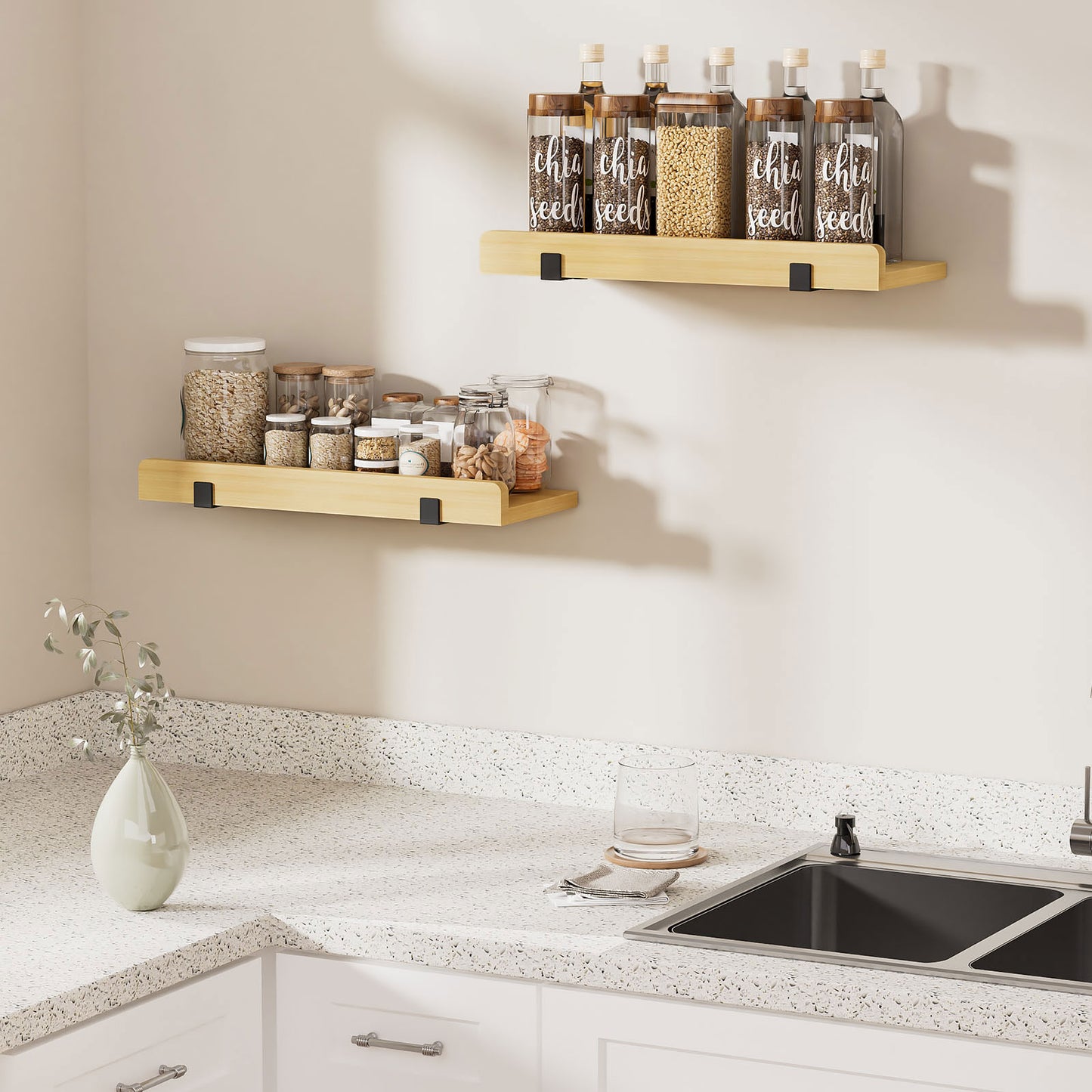 Floating Wall Shelf Set of 2, 40 cm Rectangular Wall Mounted Shelves for Bathroom, Kitchen, Living Room Storage