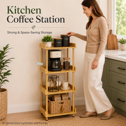 Enogets Bamboo 4-Tier Shelf with Tool-Free Assembly, Bamboo Storage Shelving for Bathroom, Living Room, Kitchen