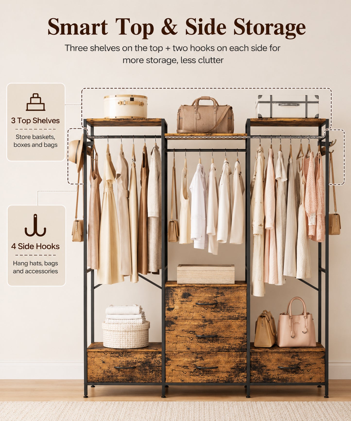 Enogets Freestanding Closet Organiser with 5 Drawer, Big Garment Hanging Rack, Wardrobe Storage Organizer for Bedroom, Living Room
