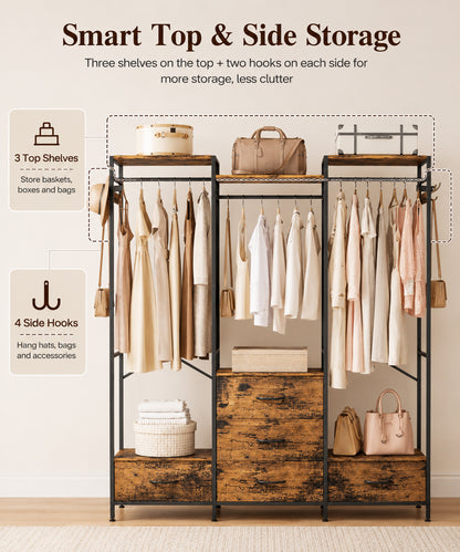 Enogets Freestanding Closet Organiser with 5 Drawer, Big Garment Hanging Rack, Wardrobe Storage Organizer for Bedroom, Living Room