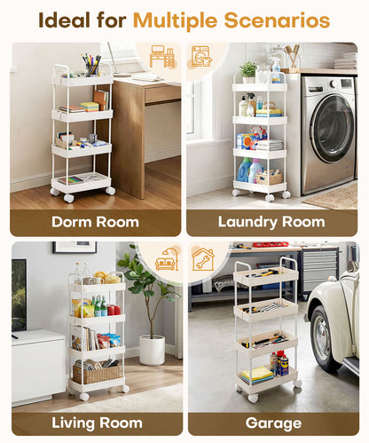 Enogets 4 Tier Utility Rolling Cart, Mobile Storage Cart for Kitchen with Lockable Caster Wheels, Handle & Hooks, White