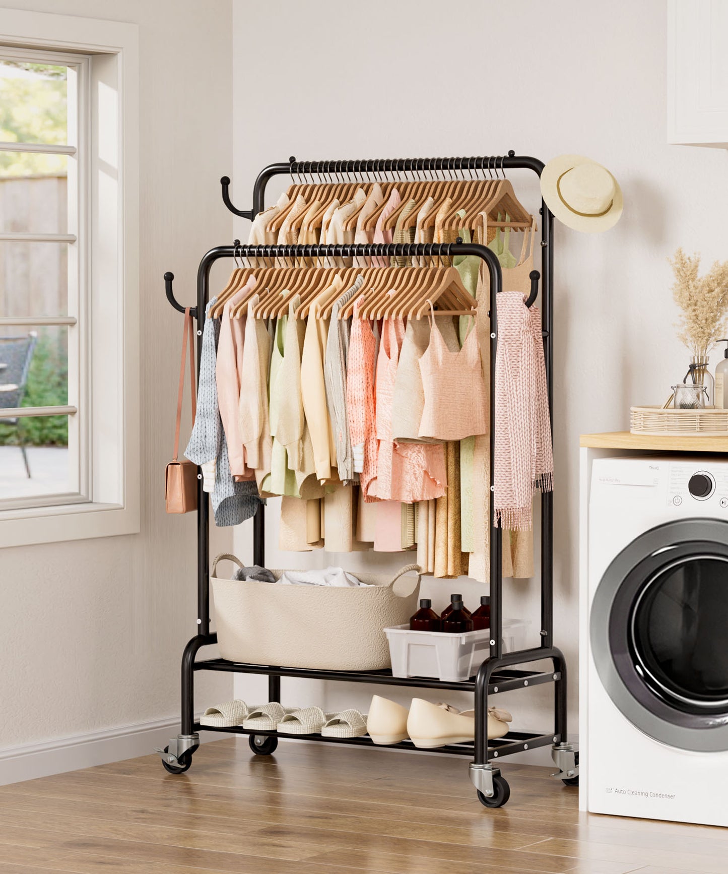 Enogets Heavy Duty Double Rod Garment Rack, Rolling Clothing Racks for Hanging Clothes with Shelves & Wheels, Black