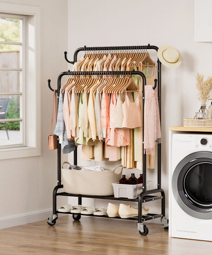 Enogets Heavy Duty Double Rod Garment Rack, Rolling Clothing Racks for Hanging Clothes with Shelves & Wheels, Black