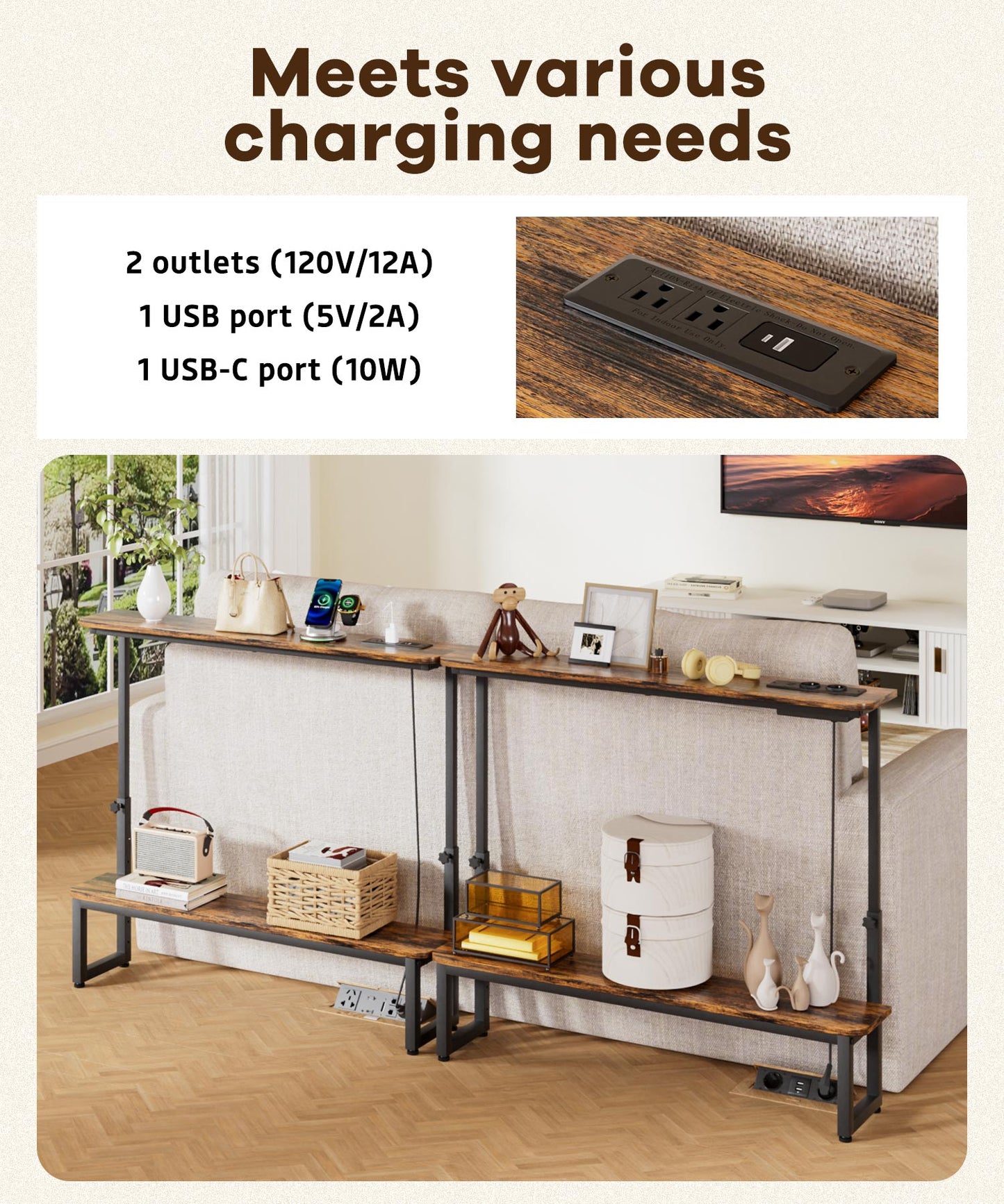 Enogets 39inch Entryway Table with double storage shelves, Console Table Height Adjustable, Behind Couch Metal Frame with Charge Station