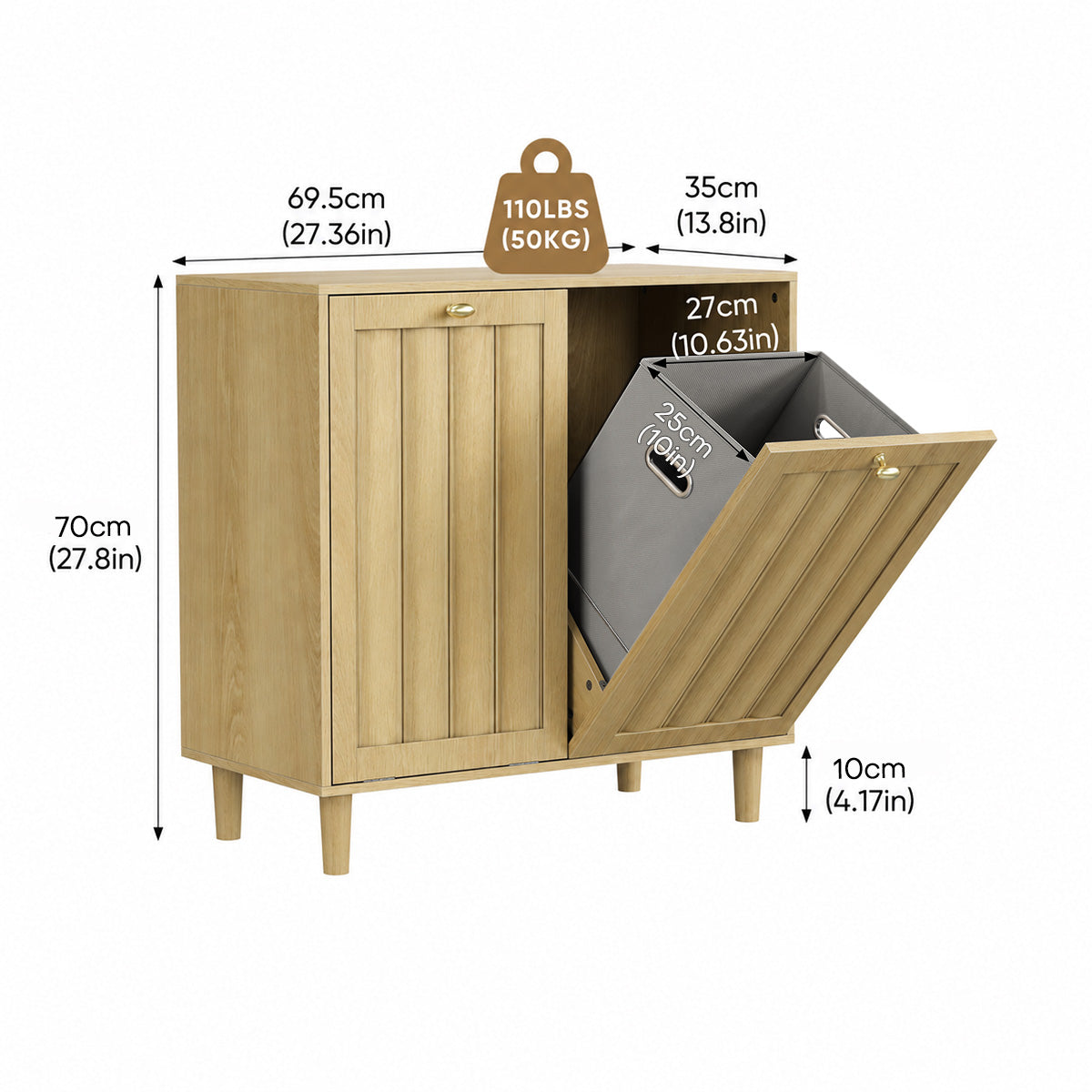 Enogets Laundry basket for bathroom cabinet with removable inner basket 6OL capacity. natural color