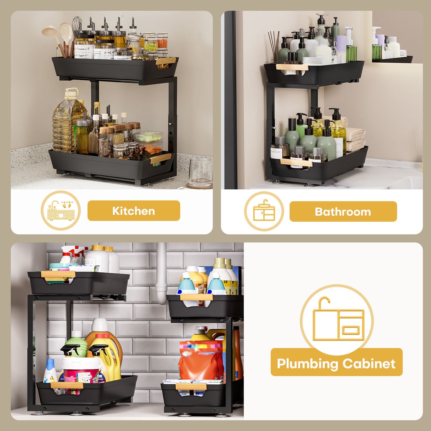 Enogets 2-Pack Under Sink Organizer, 2-Tier Pull-Out Storage Shelf for Kitchen & Bathroom – Black
