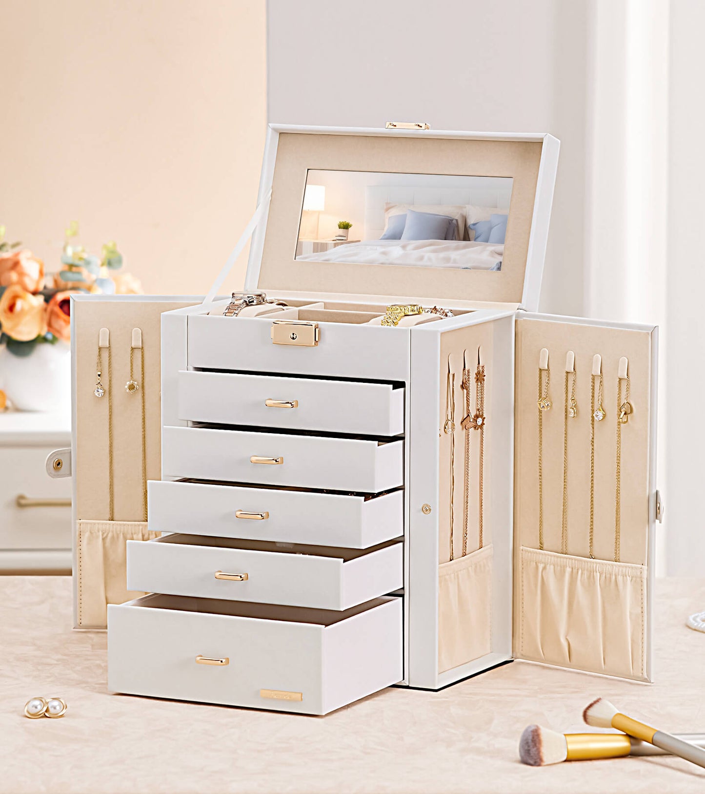 Enogets Large Jewelry Box for Women, 6 Layers 5 Drawers Organizer with Mirror for Ring Earring Necklace