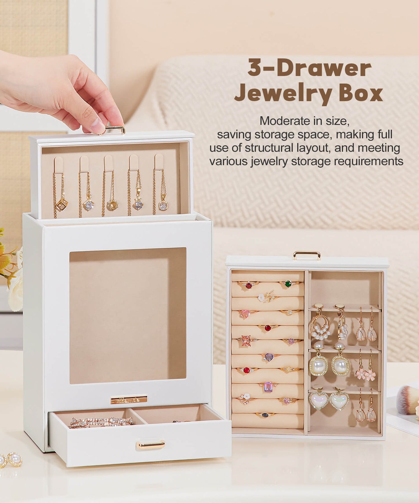 Enogets Jewelry Organizer with Display Windows& 3 Drawers, Jewelry Box for Girls Women Jewels