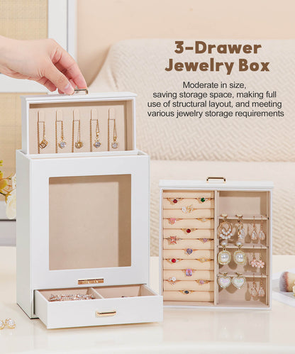 Enogets Jewelry Organizer with Display Windows& 3 Drawers, Jewelry Box for Girls Women Jewels