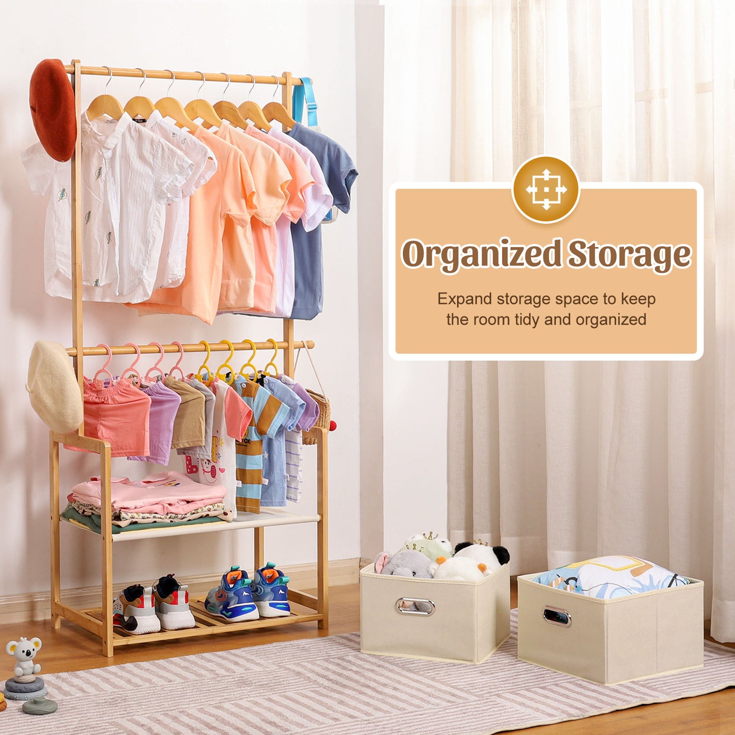 Enogets Bamboo Closet Organizer, Freestanding Clothing Rack with Adjustable Hanging Rods & 2 Storage Baskets for Children's Bedroom