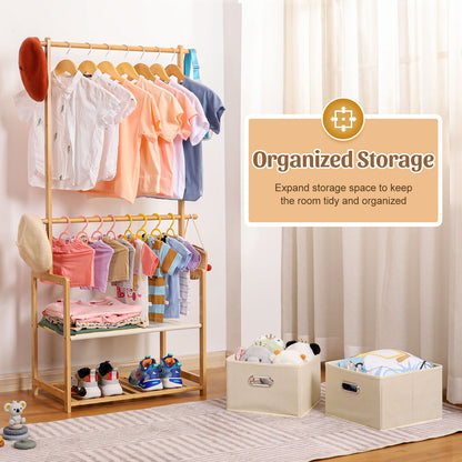 Enogets Bamboo Closet Organizer, Freestanding Clothing Rack with Adjustable Hanging Rods & 2 Storage Baskets for Children's Bedroom