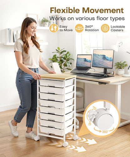 Enogets Rolling Utility Cart with 8 Drawers, Scrapbook Paper &tools Office School GarageOrganizer, White