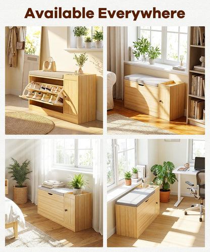 Enogets 2 in 1 Shoe Bench with 2 Flip Drawers, Modern Entryway Shoes Cabinet with Padded Seat Cushion, Wooden Shoe Storage for Entryway, Bedroom and Apartment, 31.5"
