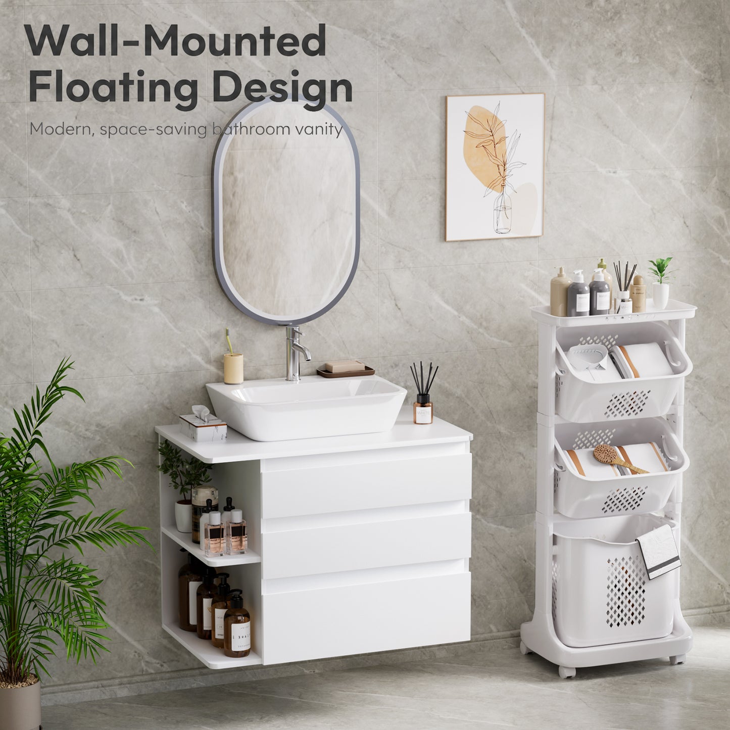 Enogets Wall Mounted Bathroom Vanity, White Floating Cabinet with 3 Drawers and Open Storage, Sink Not Included