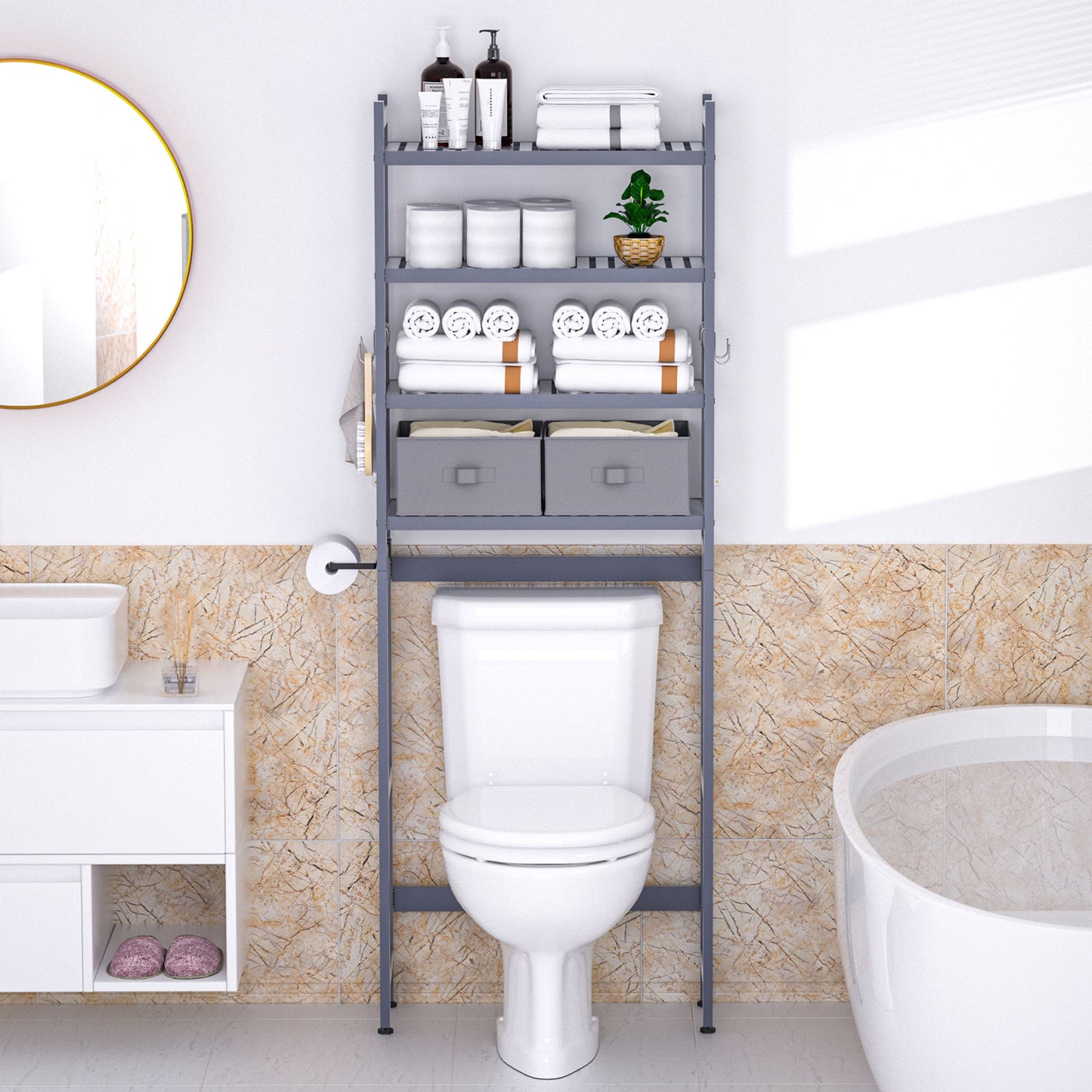 Enogets Over the Toilet Storage, Bamboo Bathroom Shelf Organizer with 2 Baskets & 4 Hooks, 4-Tier Space Saver