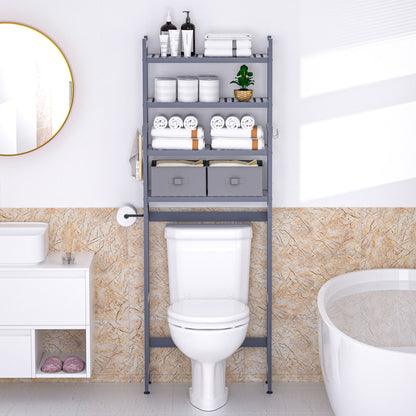 Enogets Over the Toilet Storage, Bamboo Bathroom Shelf Organizer with 2 Baskets & 4 Hooks, 4-Tier Space Saver