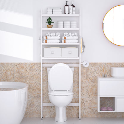 Enogets Over the Toilet Storage, Bamboo Bathroom Shelf Organizer with 2 Baskets & 4 Hooks, 4-Tier Space Saver