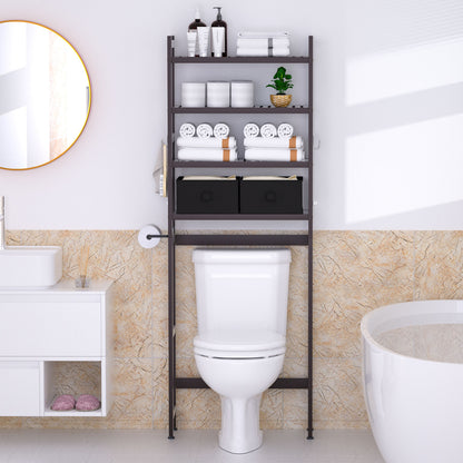 Enogets Over the Toilet Storage, Bamboo Bathroom Shelf Organizer with 2 Baskets & 4 Hooks, 4-Tier Space Saver