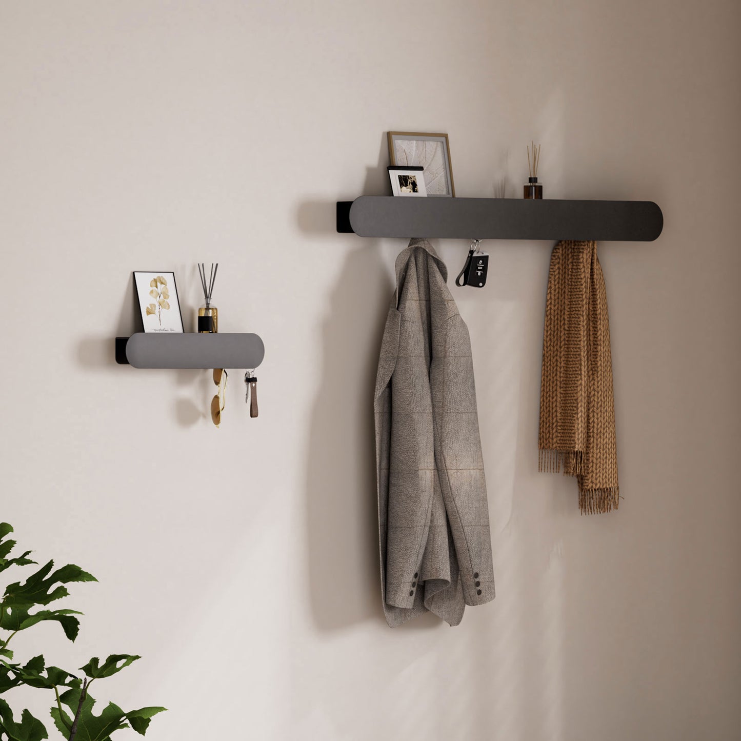 Enogets Wall Mount Coat Rack, 6 Hidden Hooks & Storage Organizer for Entryway, Living Room, Bedroom (Black)
