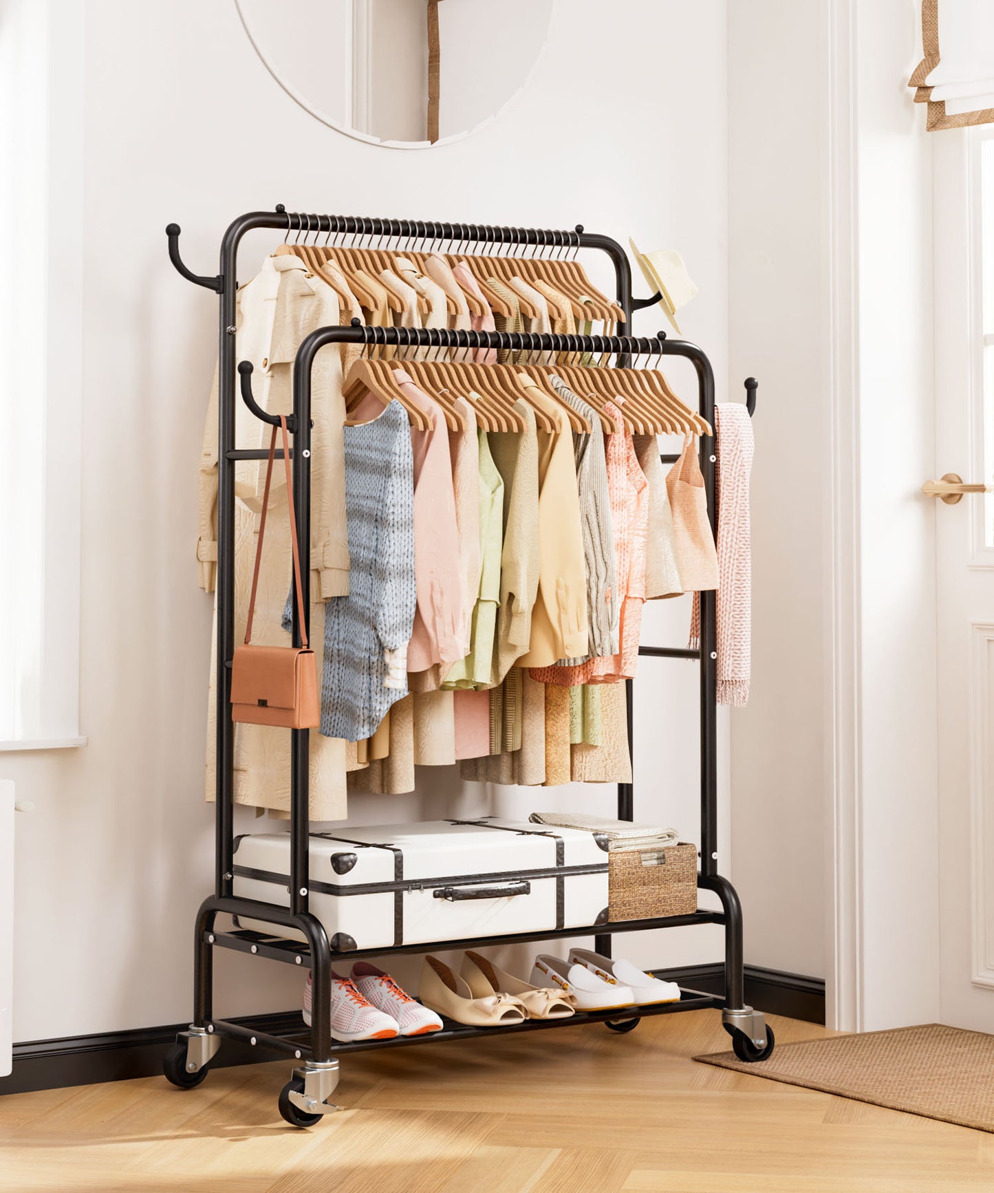 Enogets Heavy Duty Double Rod Garment Rack, Rolling Clothing Racks for Hanging Clothes with Shelves & Wheels, Black