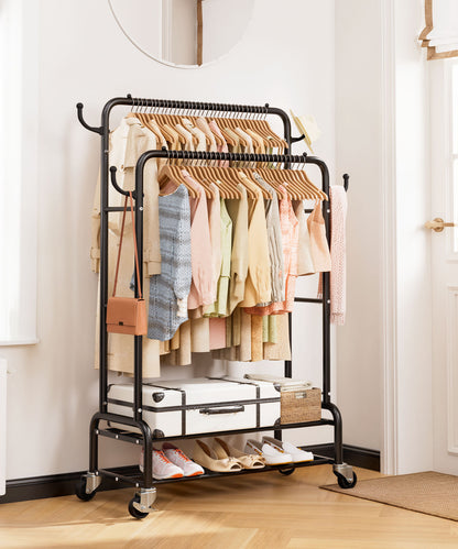 Enogets Heavy Duty Double Rod Garment Rack, Rolling Clothing Racks for Hanging Clothes with Shelves & Wheels, Black