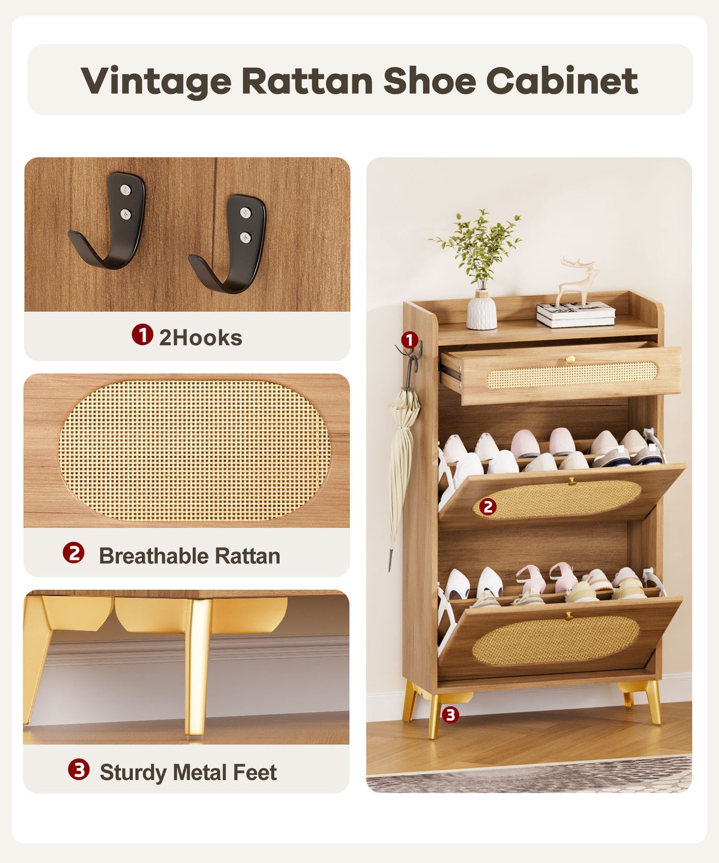 Enogets Rattan Shoe Cabinet with 2 Flip Drawers and Top Drawer for Entryway