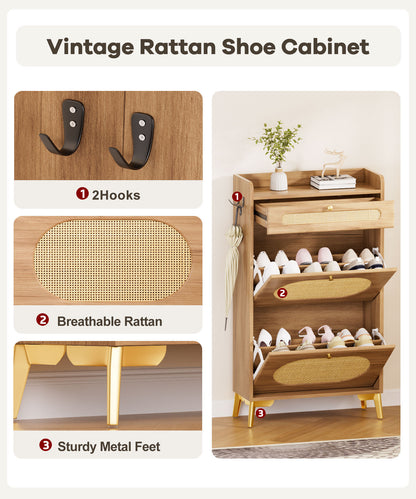 Enogets Rattan Shoe Cabinet with 2 Flip Drawers and Top Drawer for Entryway
