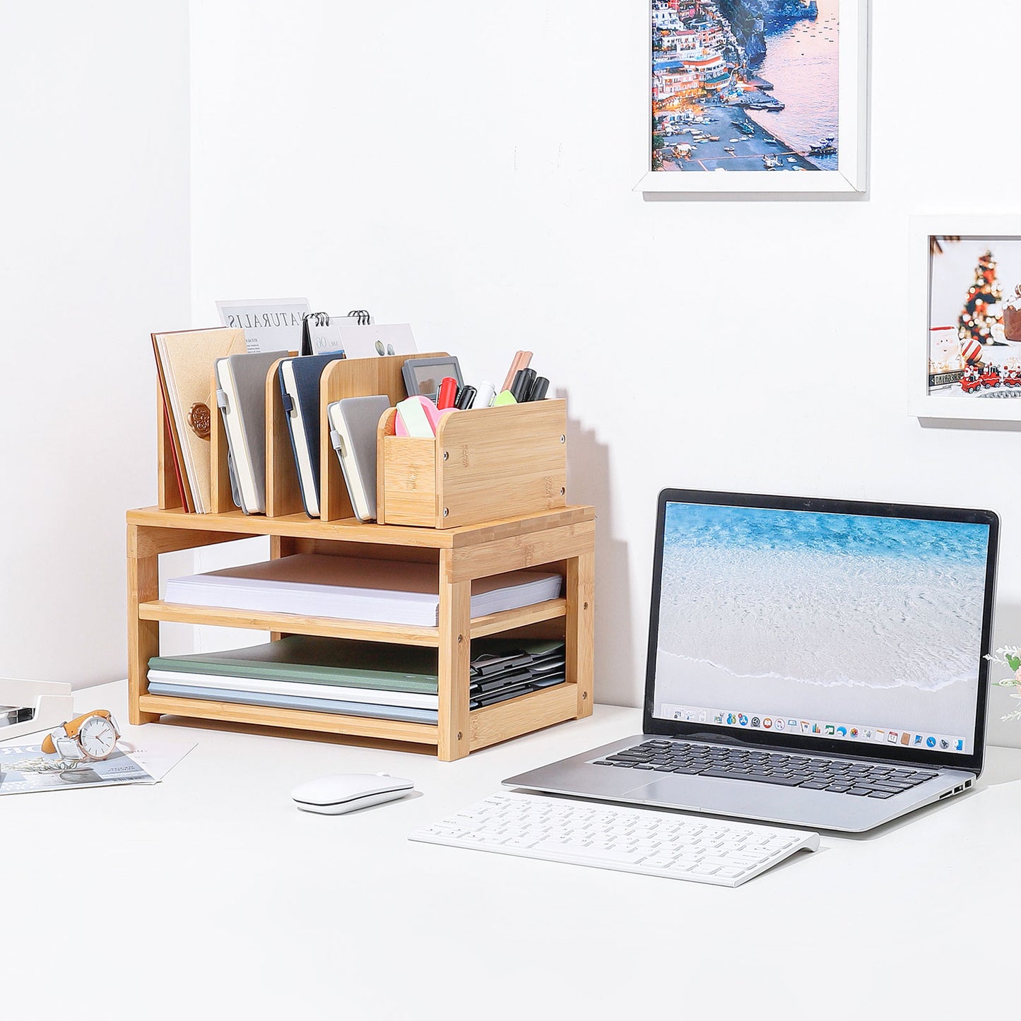 Enogets Bamboo Desk Organizer with File Holder & Adjustable Pen Holding, 3-Tier Desktop Letter Paper Tray Storage