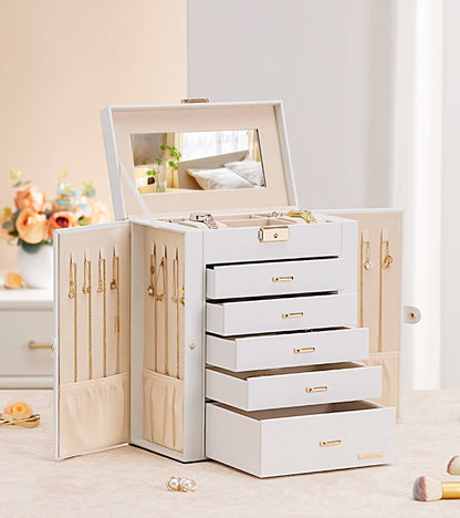 Enogets Large Jewelry Box for Women, 6 Layers 5 Drawers Organizer with Mirror for Ring Earring Necklace