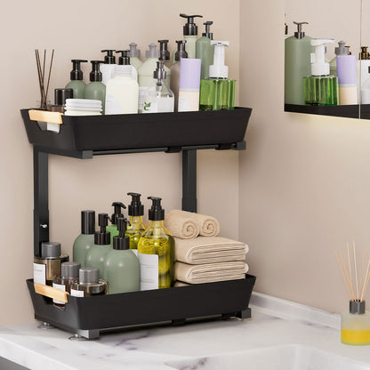 Enogets 2-Pack Under Sink Organizer, 2-Tier Pull-Out Storage Shelf for Kitchen & Bathroom – Black