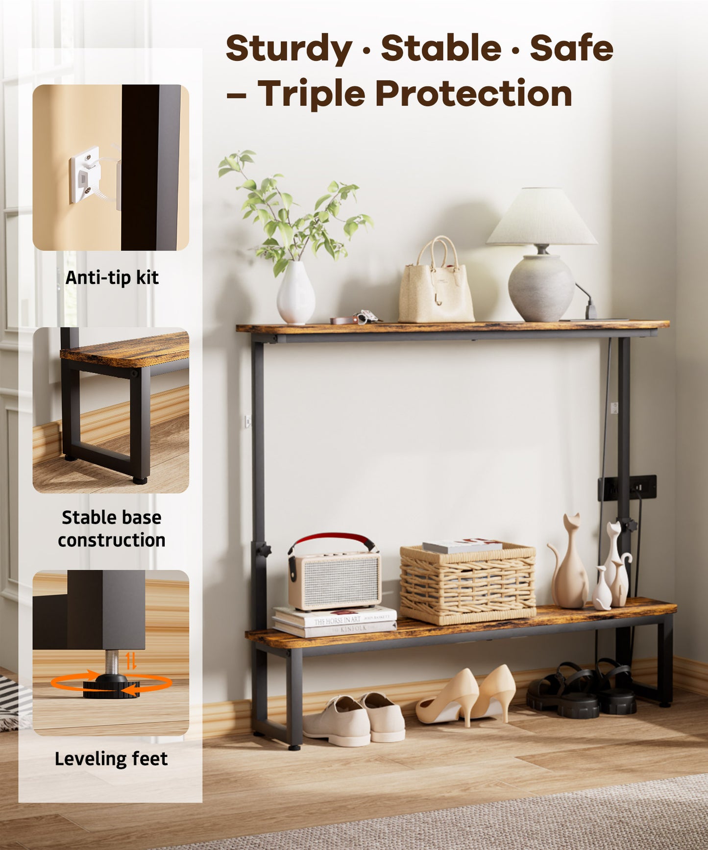 Enogets 39inch Entryway Table with double storage shelves, Console Table Height Adjustable, Behind Couch Metal Frame with Charge Station
