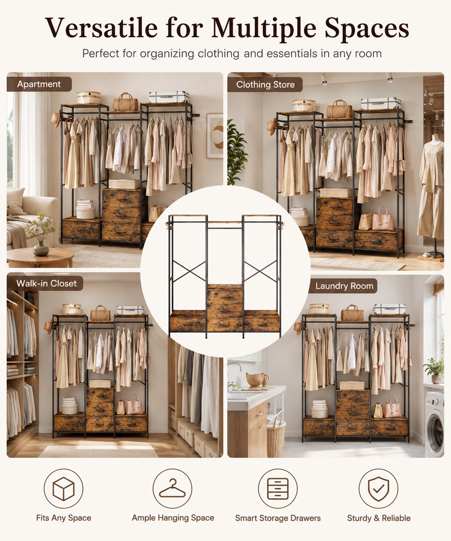 Enogets Freestanding Closet Organiser with 5 Drawer, Big Garment Hanging Rack, Wardrobe Storage Organizer for Bedroom, Living Room