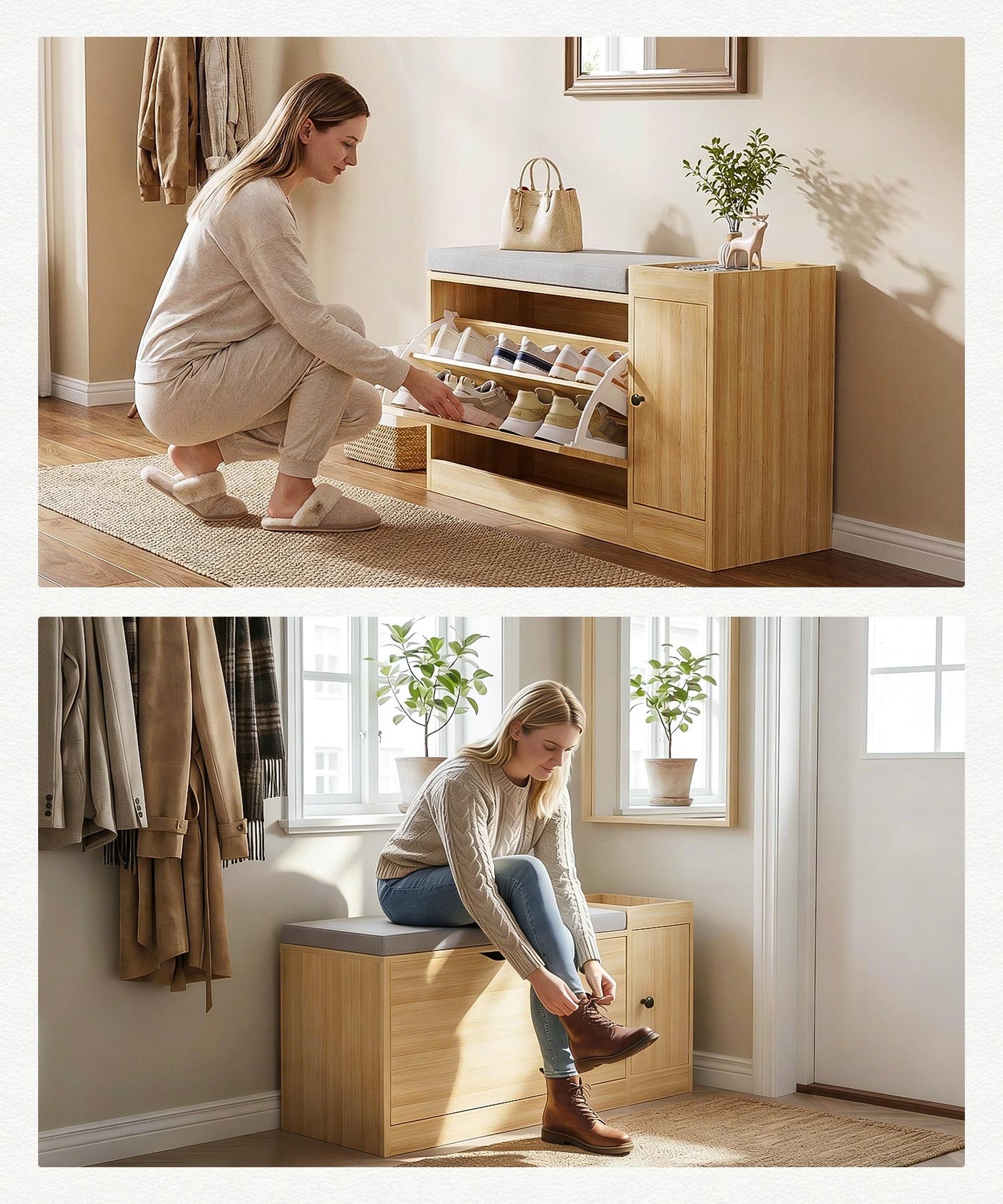 Enogets 2 in 1 Shoe Bench with 2 Flip Drawers, Modern Entryway Shoes Cabinet with Padded Seat Cushion, Wooden Shoe Storage for Entryway, Bedroom and Apartment, 31.5"