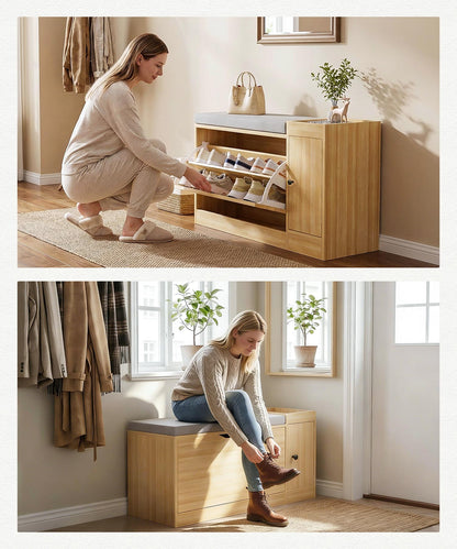 Enogets 2 in 1 Shoe Bench with 2 Flip Drawers, Modern Entryway Shoes Cabinet with Padded Seat Cushion, Wooden Shoe Storage for Entryway, Bedroom and Apartment, 31.5"